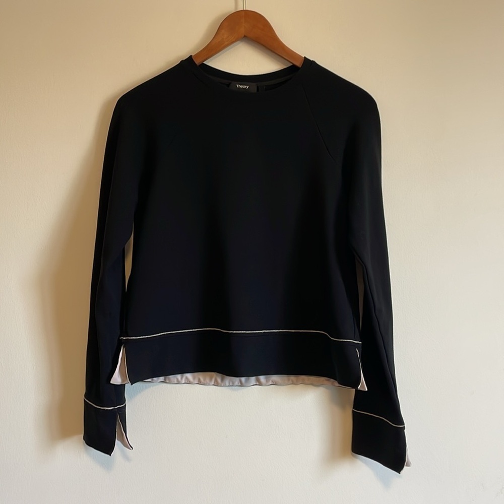 Theory Crewneck Sweatshirt Small Black White Athleisure Lounge Soft Neutral